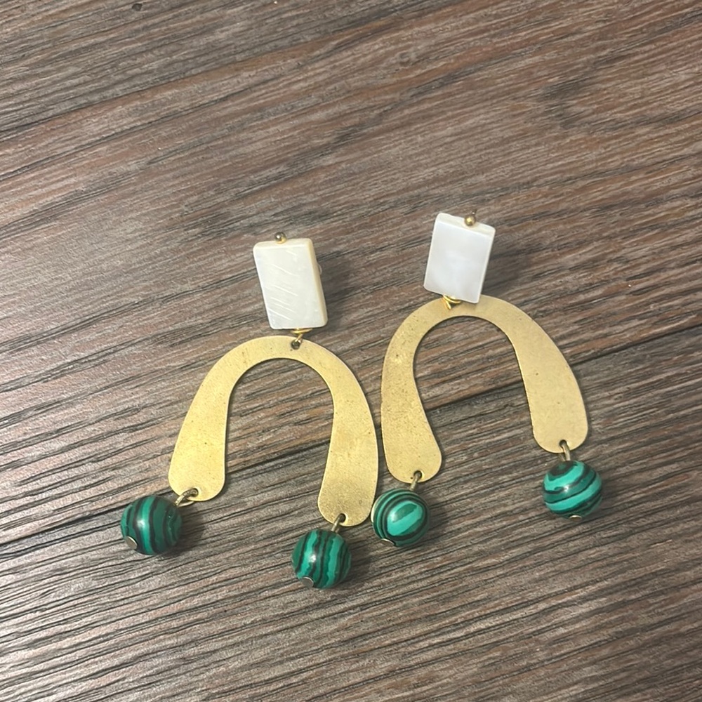Handcrafted Gold Arch Earrings with Green Stone Drops